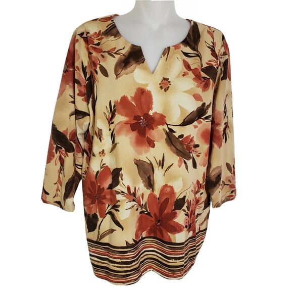 Alfred Dunner Tops - Alfred Dunner Womens Top Small Floral 3/4 Sleeve Embellished Striped Split V Nec